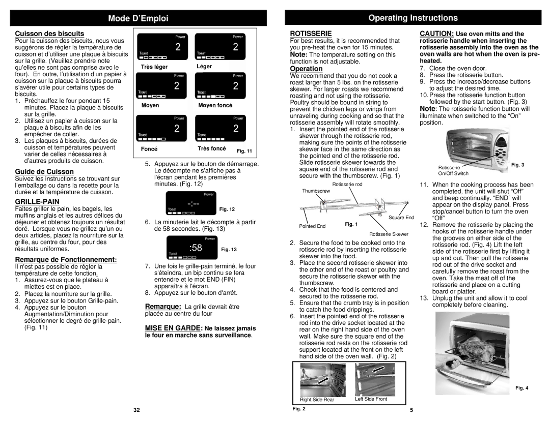 Euro-Pro TO31 owner manual Mode D’Emploi Operating Instructions, Grille-Pain, Rotisserie 