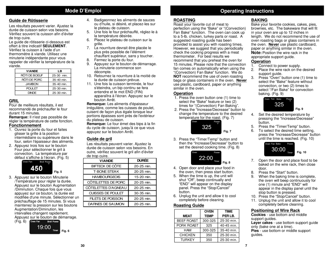 Euro-Pro TO31 owner manual Gril, Roasting, Baking 