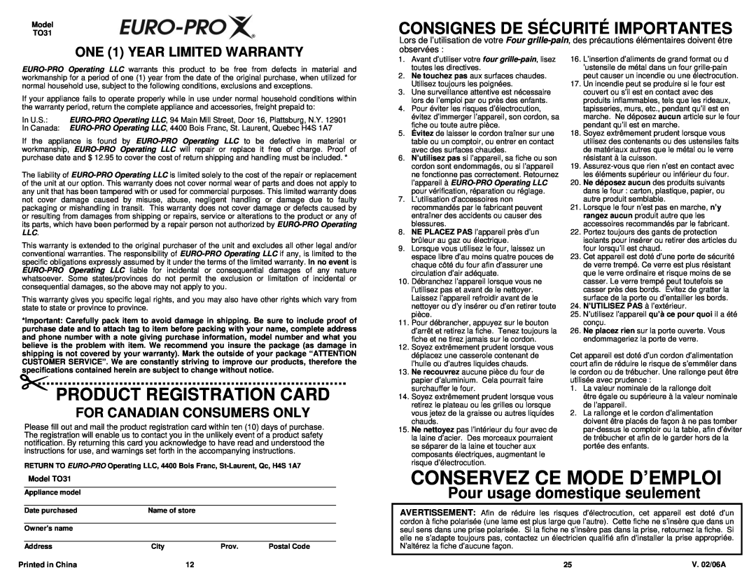 Euro-Pro TO31 owner manual Conservez Ce Mode D’Emploi, Product Registration Card, Pour usage domestique seulement 