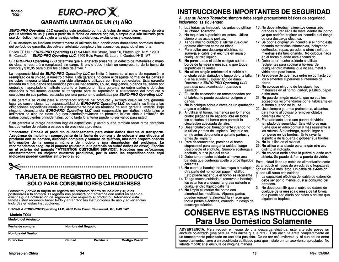 Euro-Pro TO31 owner manual Para Uso Doméstico Solamente, Tarjeta De Registro Del Producto, GARANTÍA LIMITADA DE UN 1 AÑO 