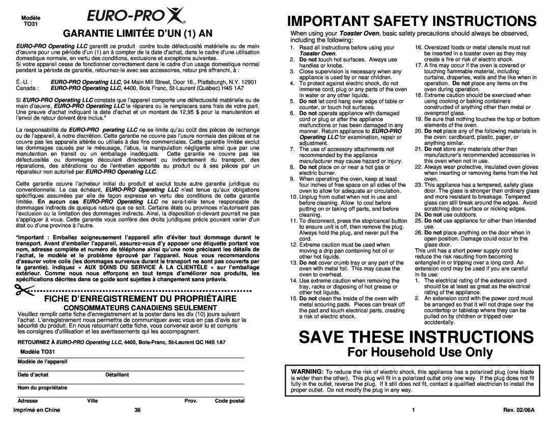 Euro-Pro TO31 Important Safety Instructions, For Household Use Only, GARANTIE LIMITÉE D’UN 1 AN, Save These Instructions 