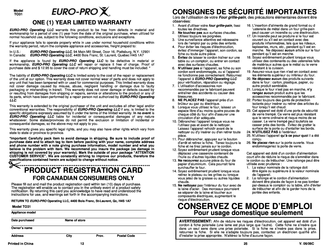 Euro-Pro owner manual Conservez Ce Mode D’Emploi, Product Registration Card, Pour usage domestique seulement, Model TO31 