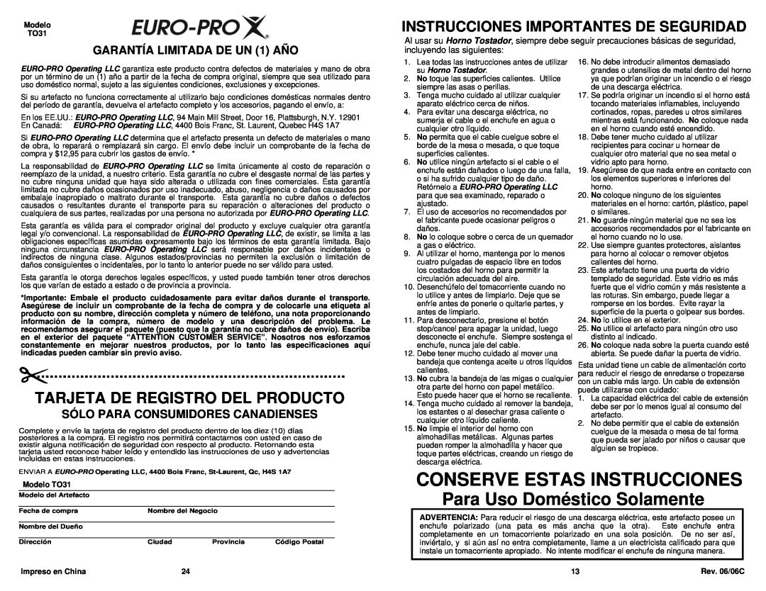 Euro-Pro Para Uso Doméstico Solamente, Tarjeta De Registro Del Producto, GARANTÍA LIMITADA DE UN 1 AÑO, Modelo TO31 