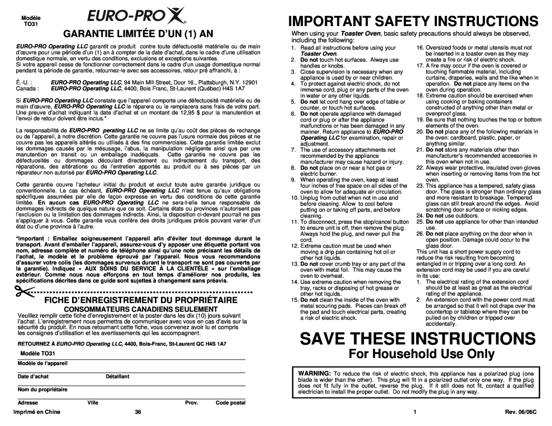 Euro-Pro TO31 Important Safety Instructions, For Household Use Only, GARANTIE LIMITÉE D’UN 1 AN, Save These Instructions 