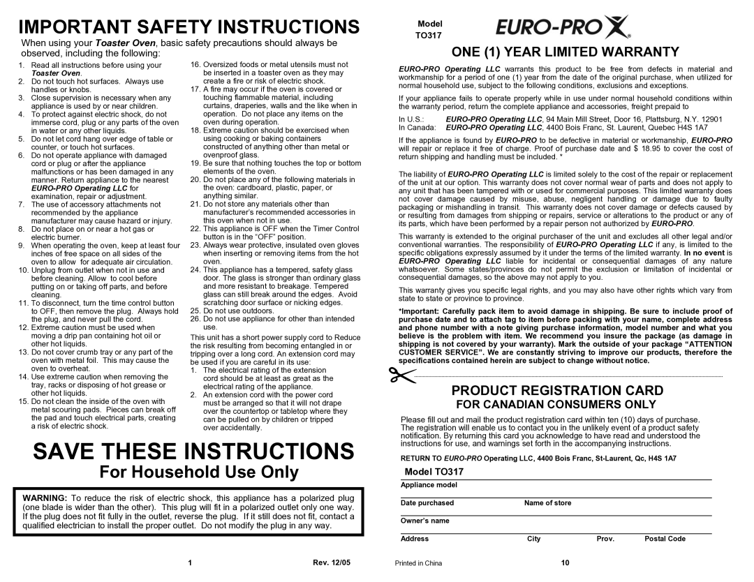 Euro-Pro TO317 owner manual Important Safety Instructions, ONE 1 Year Limited Warranty 