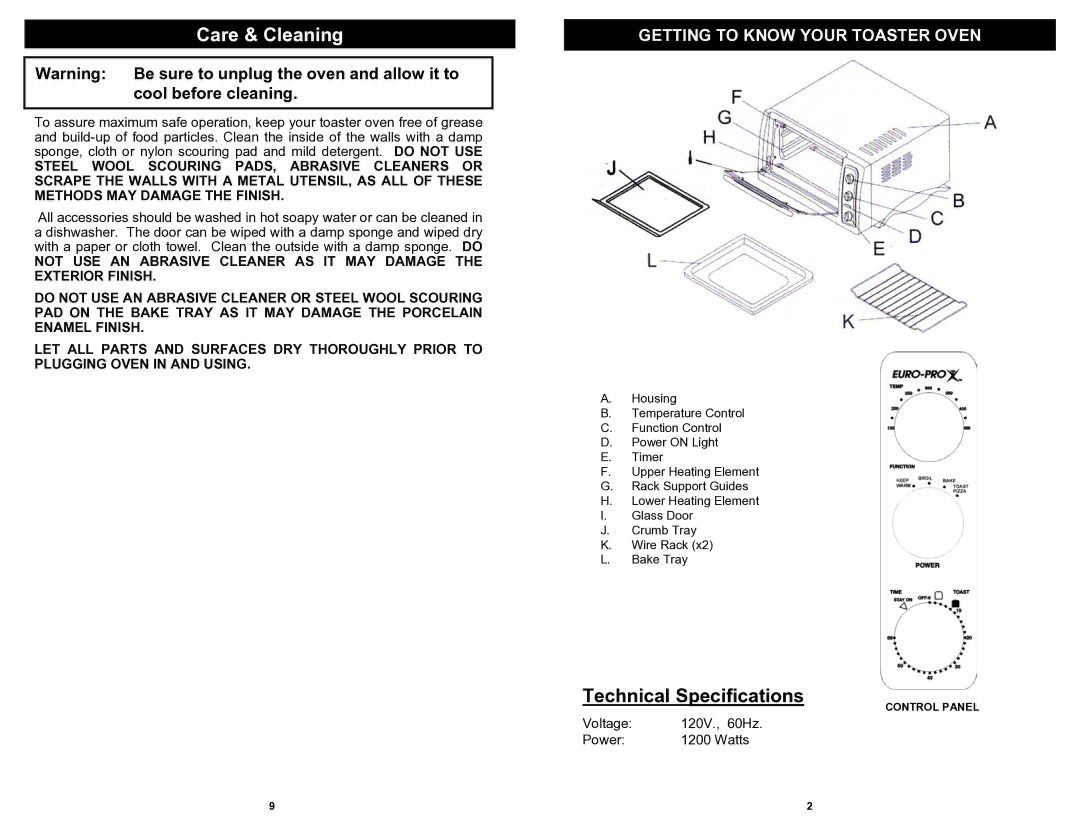 Euro-Pro TO317 owner manual Care & Cleaning, Getting to Know Your Toaster Oven 