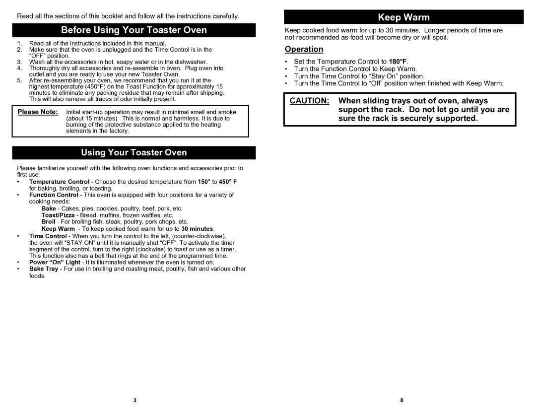 Euro-Pro TO317 owner manual Before Using Your Toaster Oven, Keep Warm, Operation 