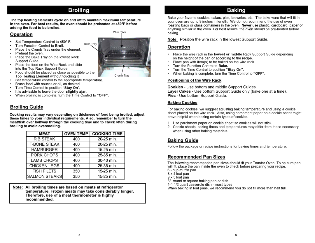 Euro-Pro TO317 owner manual Broiling Guide, Baking Guide, Recommended Pan Sizes 