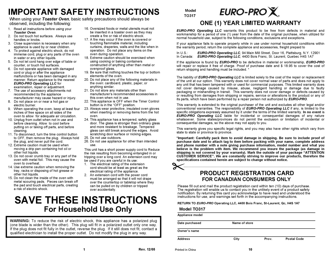 Euro-Pro TO317 Important Safety Instructions, Save These Instructions, For Household Use Only, ONE 1 YEAR LIMITED WARRANTY 