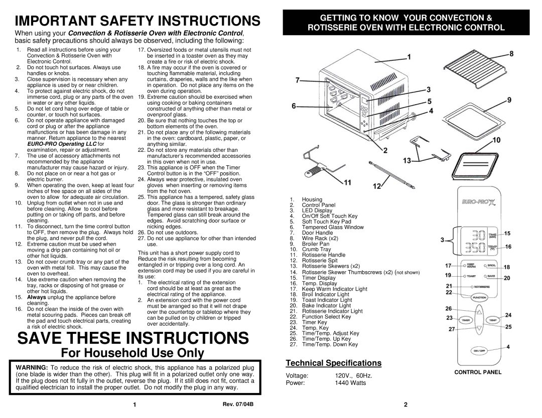 Euro-Pro TO320 owner manual Important Safety Instructions 