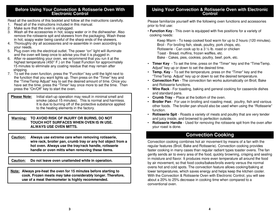 Euro-Pro TO320 owner manual Convection Cooking 