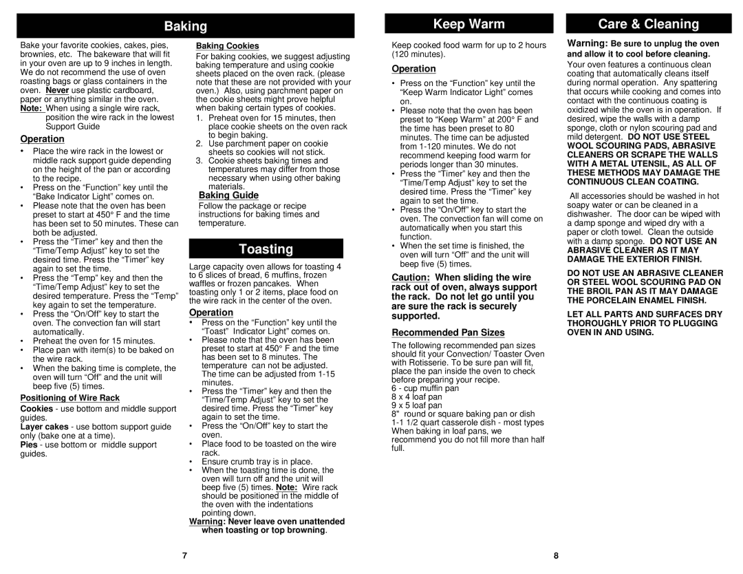 Euro-Pro TO320 owner manual Baking Keep Warm Care & Cleaning, Toasting, Baking Guide, Recommended Pan Sizes 