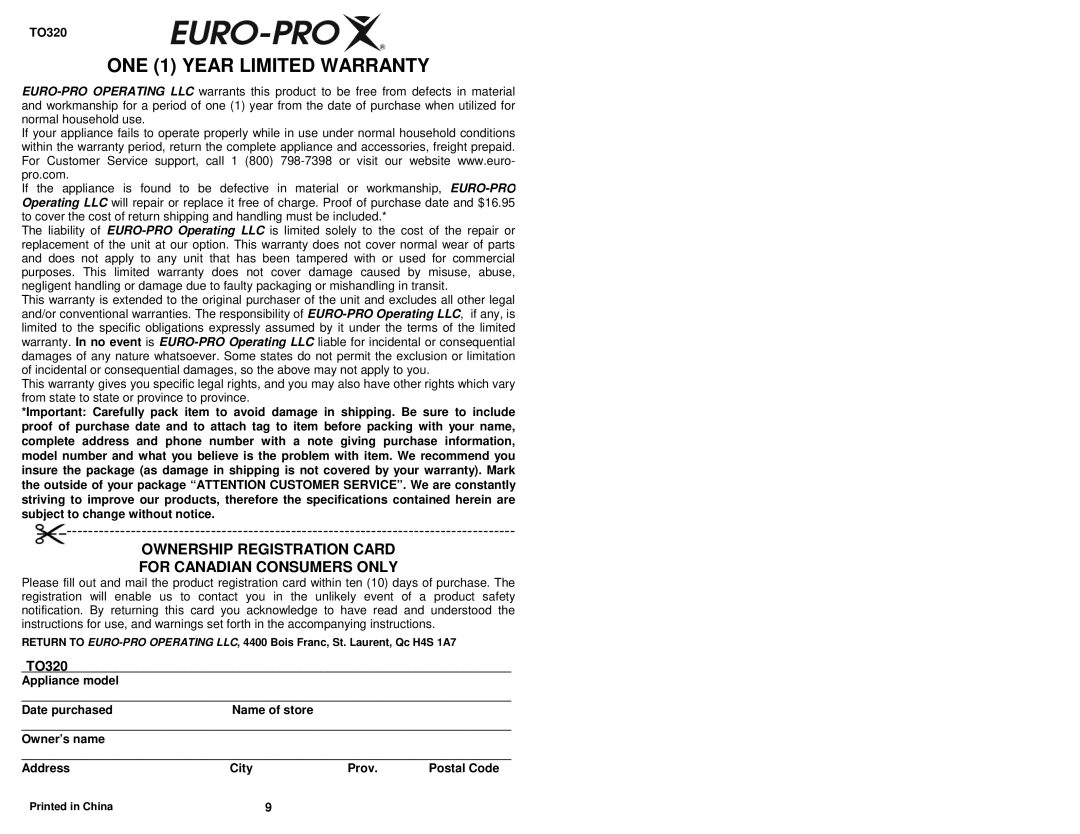 Euro-Pro TO320 owner manual ONE 1 Year Limited Warranty 