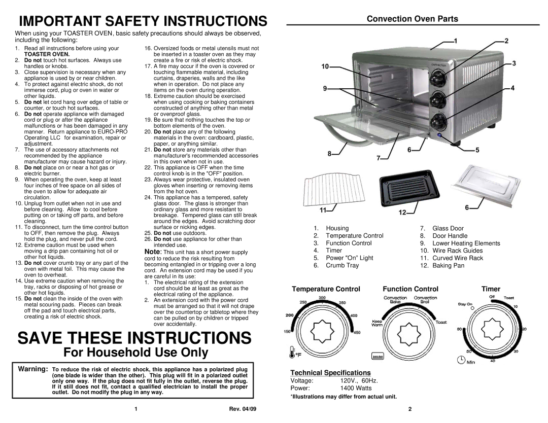 Euro-Pro TO36 Convection Oven Parts, Temperature Control Function Control, Technical Specifications, Toaster Oven 