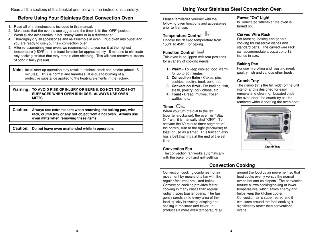 Euro-Pro TO36 owner manual Before Using Your Stainless Steel Convection Oven, Convection Cooking 