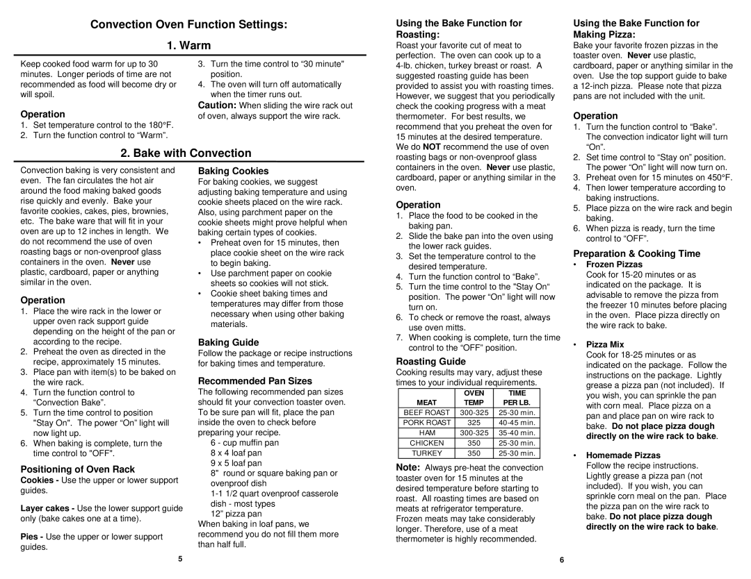 Euro-Pro TO36 owner manual Convection Oven Function Settings Warm, Bake with Convection 