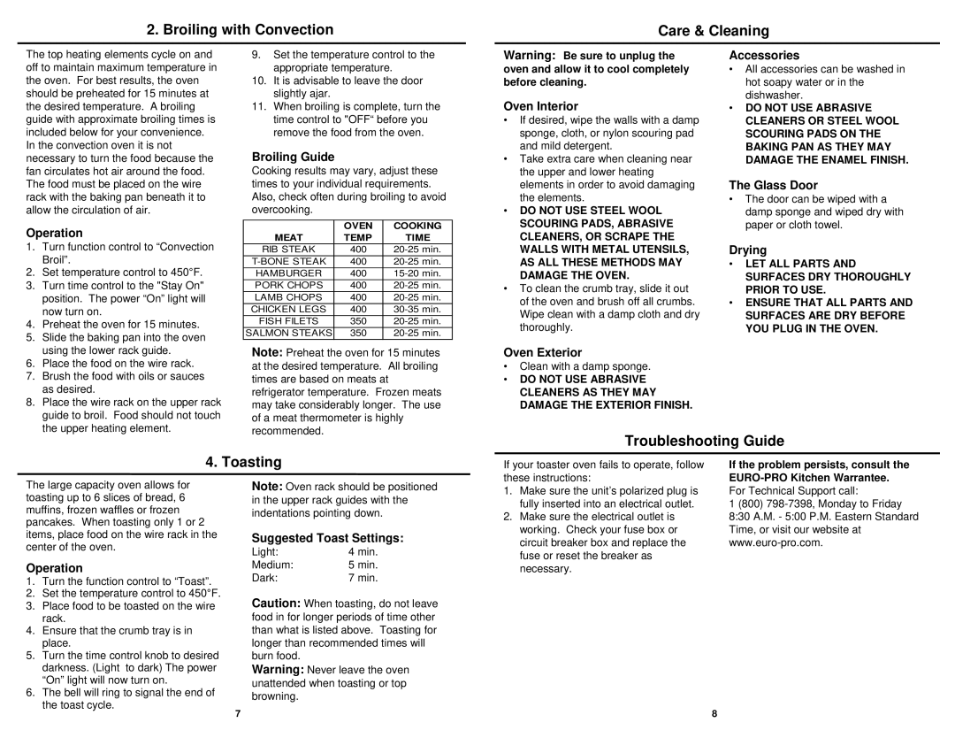 Euro-Pro TO36 owner manual Broiling with Convection Care & Cleaning, Troubleshooting Guide Toasting 