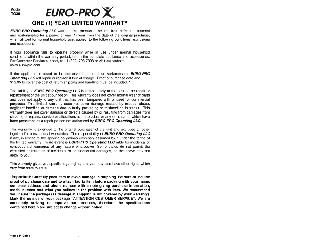 Euro-Pro owner manual Model TO36, ONE 1 YEAR LIMITED WARRANTY 