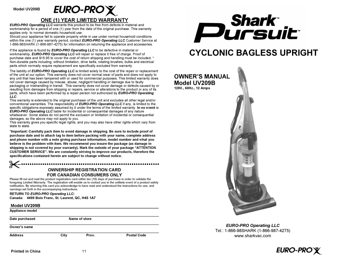 Euro-Pro UV209B owner manual Cyclonic Bagless Upright 