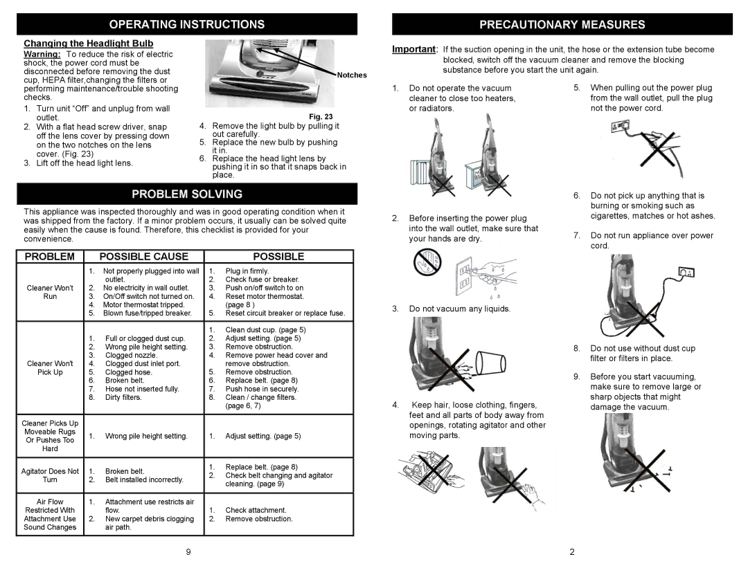 Euro-Pro UV209B owner manual Operating Instructions Precautionary Measures, Changing the Headlight Bulb 