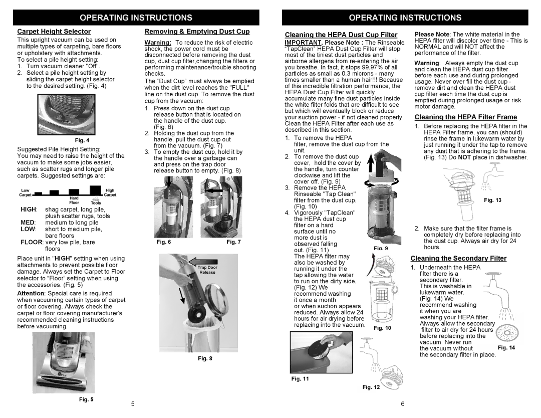 Euro-Pro UV209B owner manual Carpet Height Selector, Removing & Emptying Dust Cup, Cleaning the Hepa Dust Cup Filter 