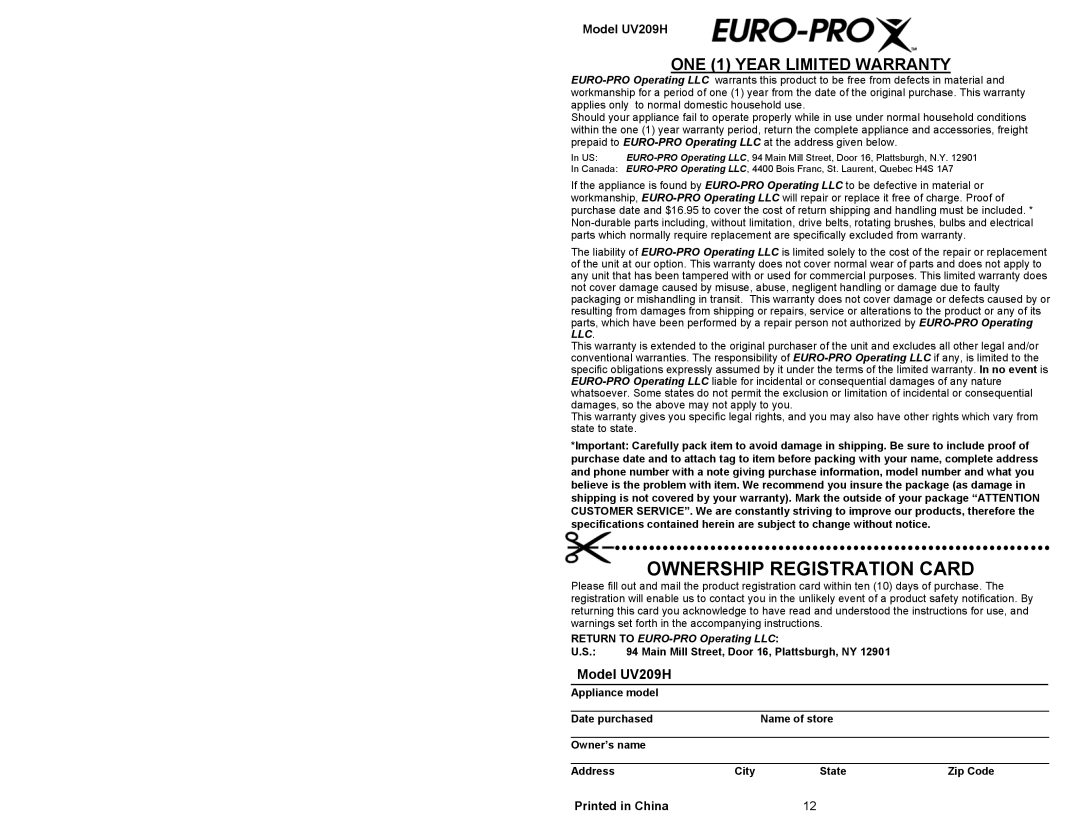 Euro-Pro owner manual Ownership Registration Card, Model UV209H 