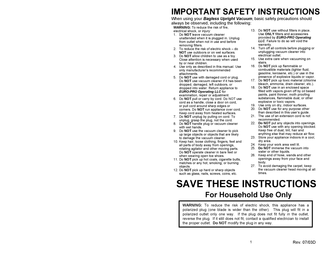 Euro-Pro UV209H owner manual Important Safety Instructions, Rev /03D 