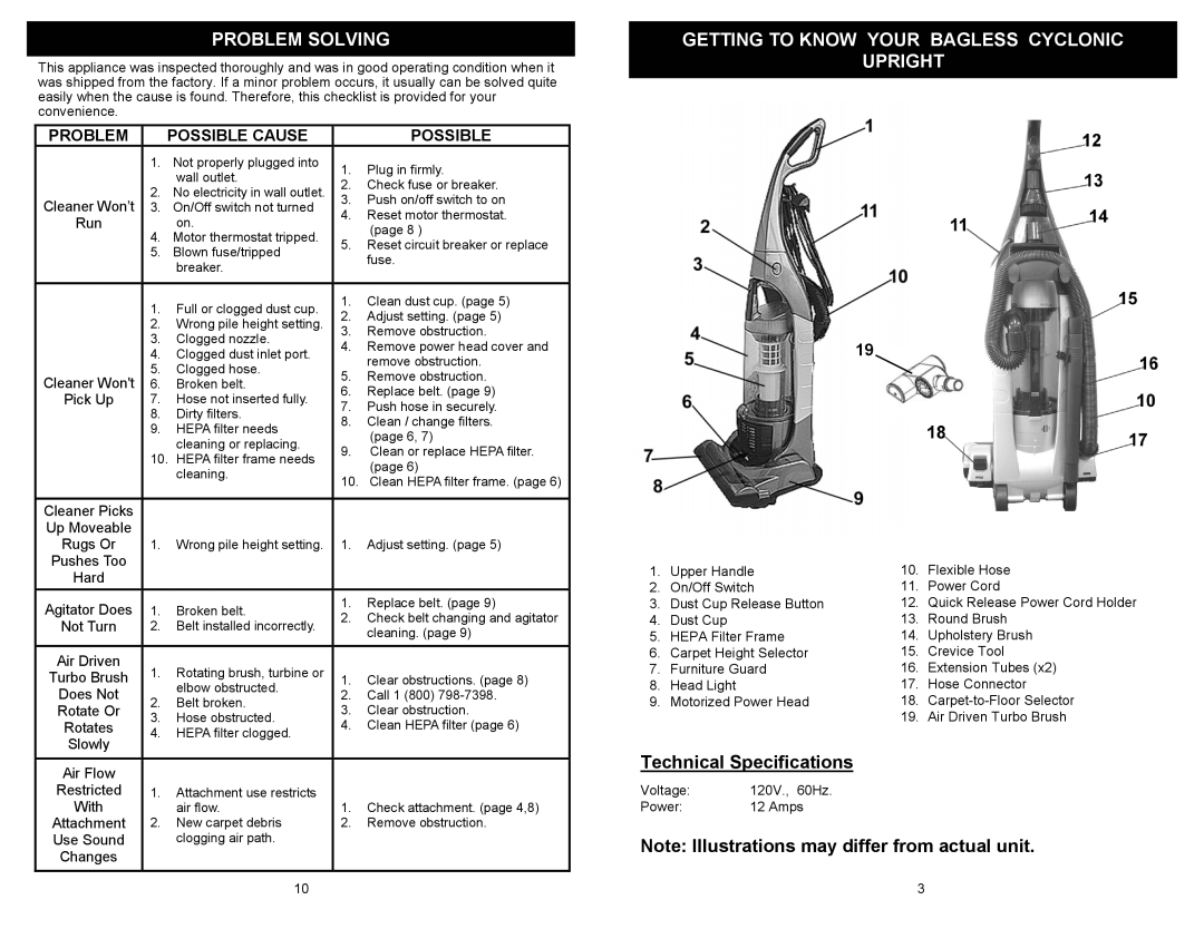 Euro-Pro UV209H owner manual Problem Solving, Getting to Know Your Bagless Cyclonic Upright 