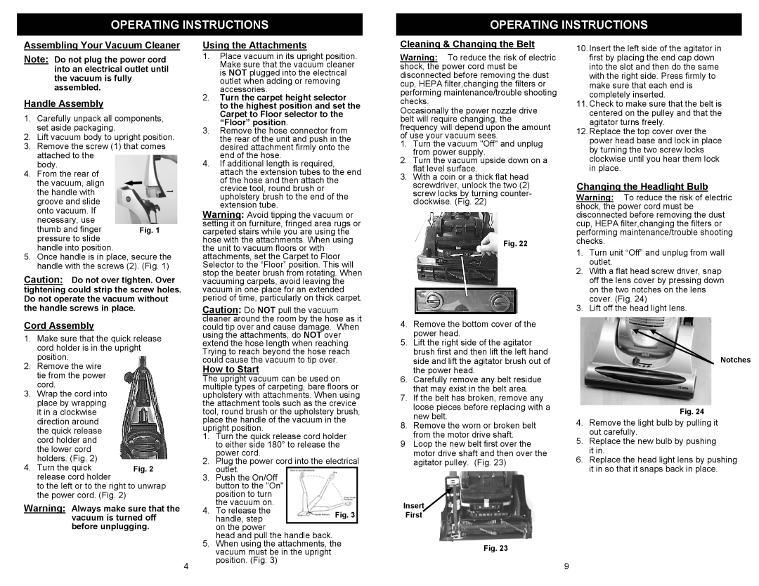 Euro-Pro UV209H owner manual Operating Instructions 