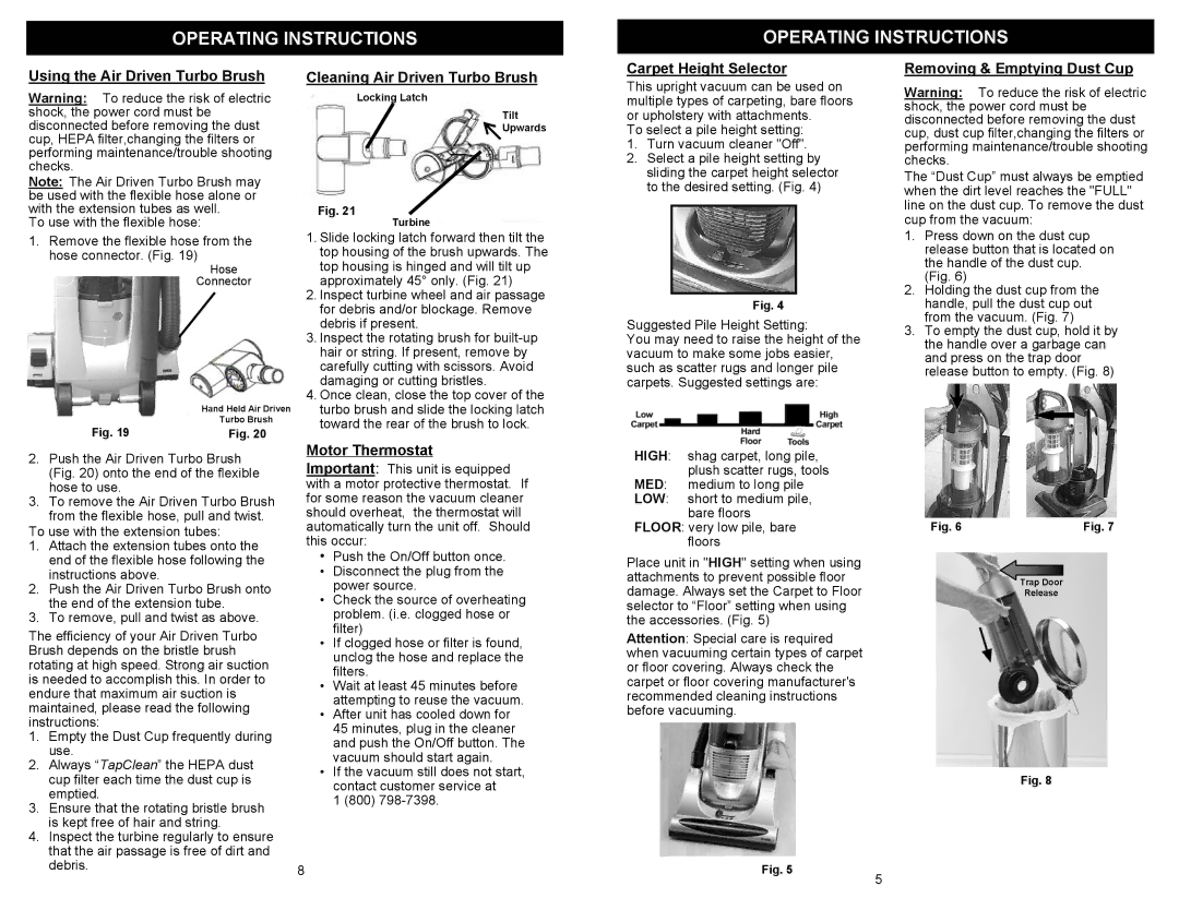 Euro-Pro UV209H owner manual Using the Air Driven Turbo Brush, Cleaning Air Driven Turbo Brush, Motor Thermostat 