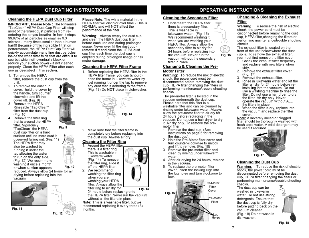 Euro-Pro UV209H owner manual Cleaning the Hepa Dust Cup Filter, Cleaning the Hepa Filter Frame, Cleaning the Filter Ring 