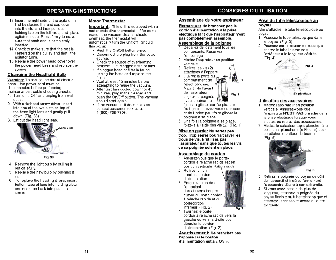 Euro-Pro UV210C Changing the Headlight Bulb, Motor Thermostat, Assemblage de votre aspirateur, Assemblage de la poignée 