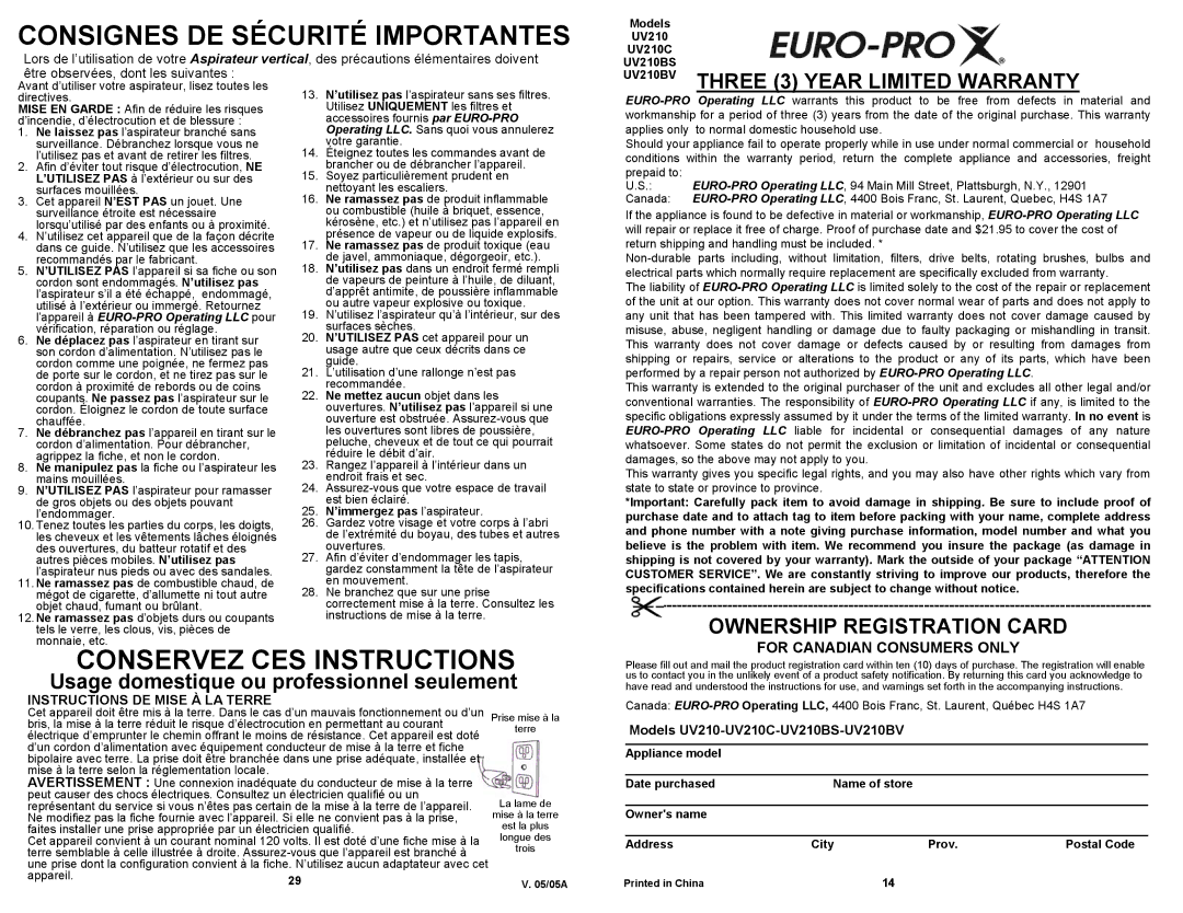 Euro-Pro UV210C UV210BV Three 3 Year Limited Warranty, Ownership Registration Card, For Canadian Consumers only 