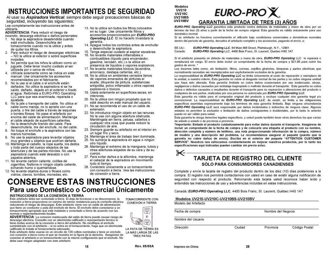 Euro-Pro Tarjeta DE Registro DEL Cliente, Sólo Para Consumidores Canadienses, Modelos UV210-UV210C-UV210BS-UV210BV 