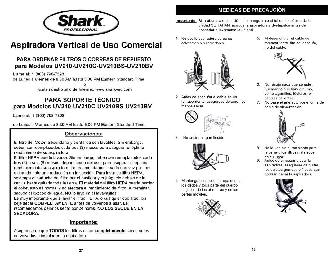 Euro-Pro UV210BS, UV210C, UV210BV owner manual Para Soporte Técnico, Medidas DE Precaución, Secadora, No del cable 