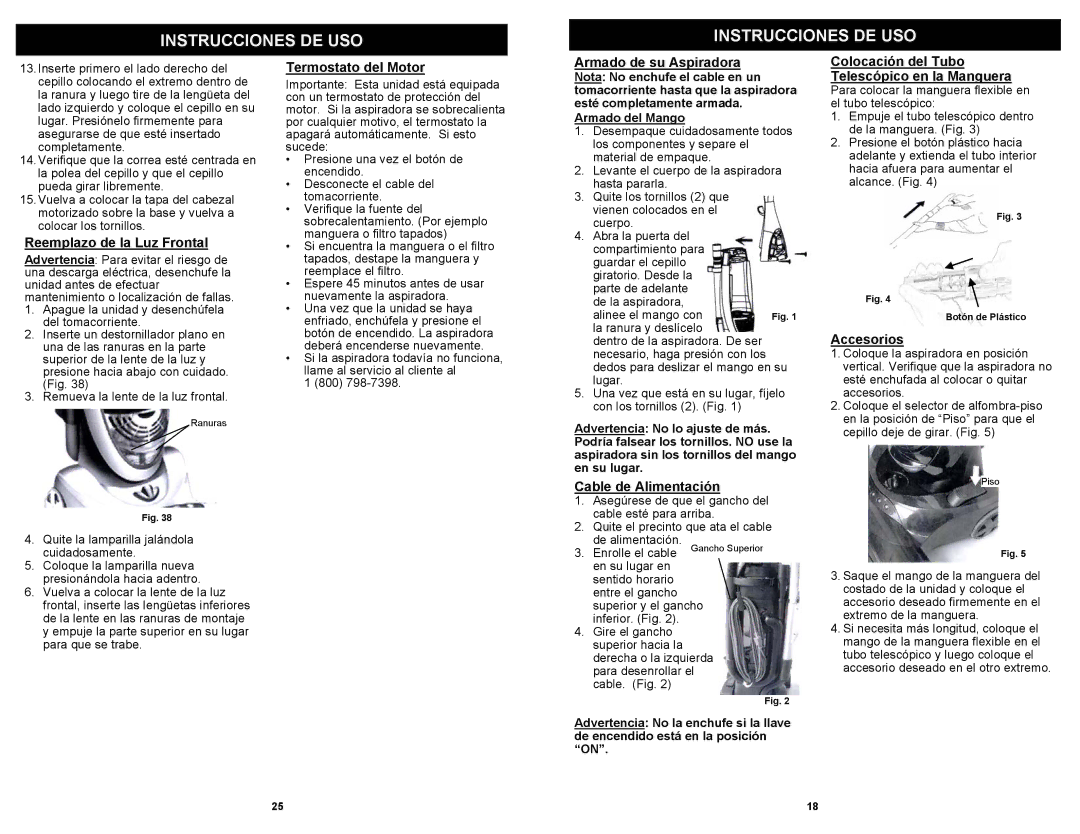 Euro-Pro UV210C, UV210BS, UV210BV owner manual Instrucciones DE USO 