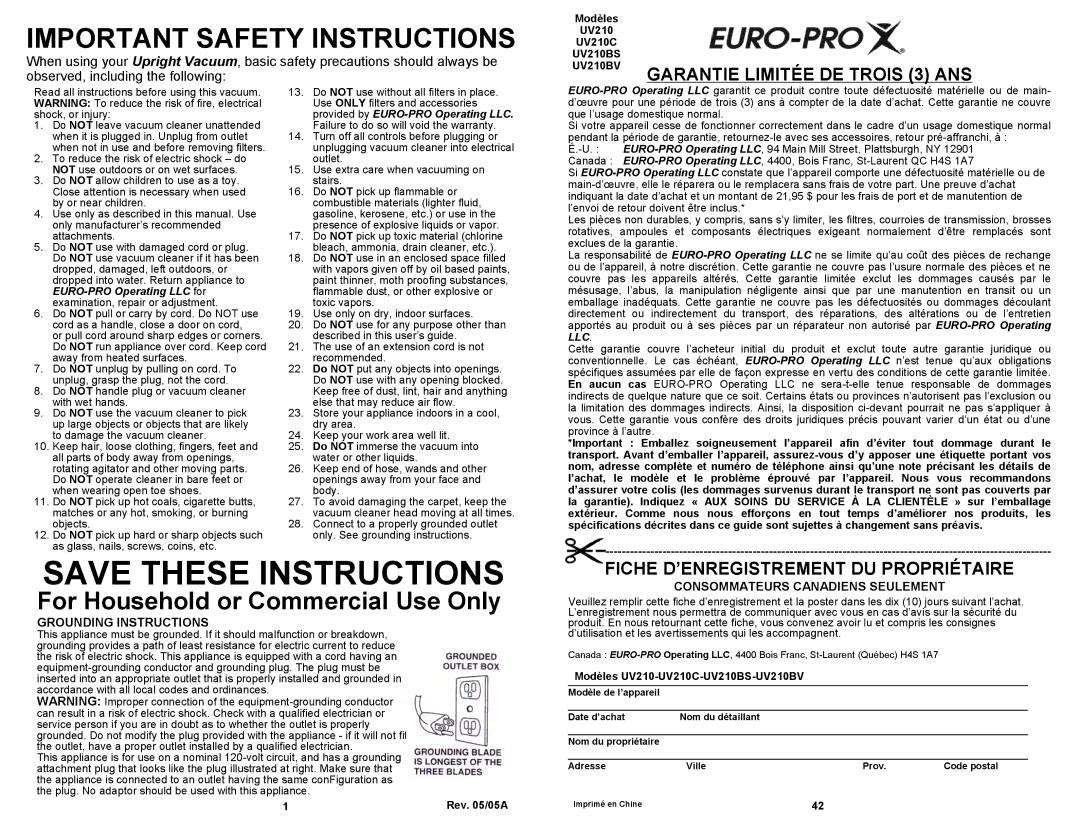 Euro-Pro UV210BV, UV210C, UV210BS owner manual Important Safety Instructions 