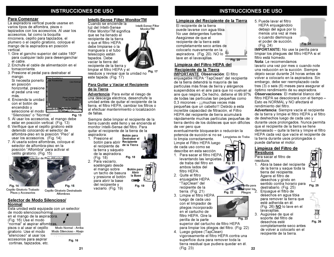 Euro-Pro UV210BV Para Comenzar, Selector de Modo Silencioso/ Normal, Limpieza del Recipiente de la Tierra, Residuos 