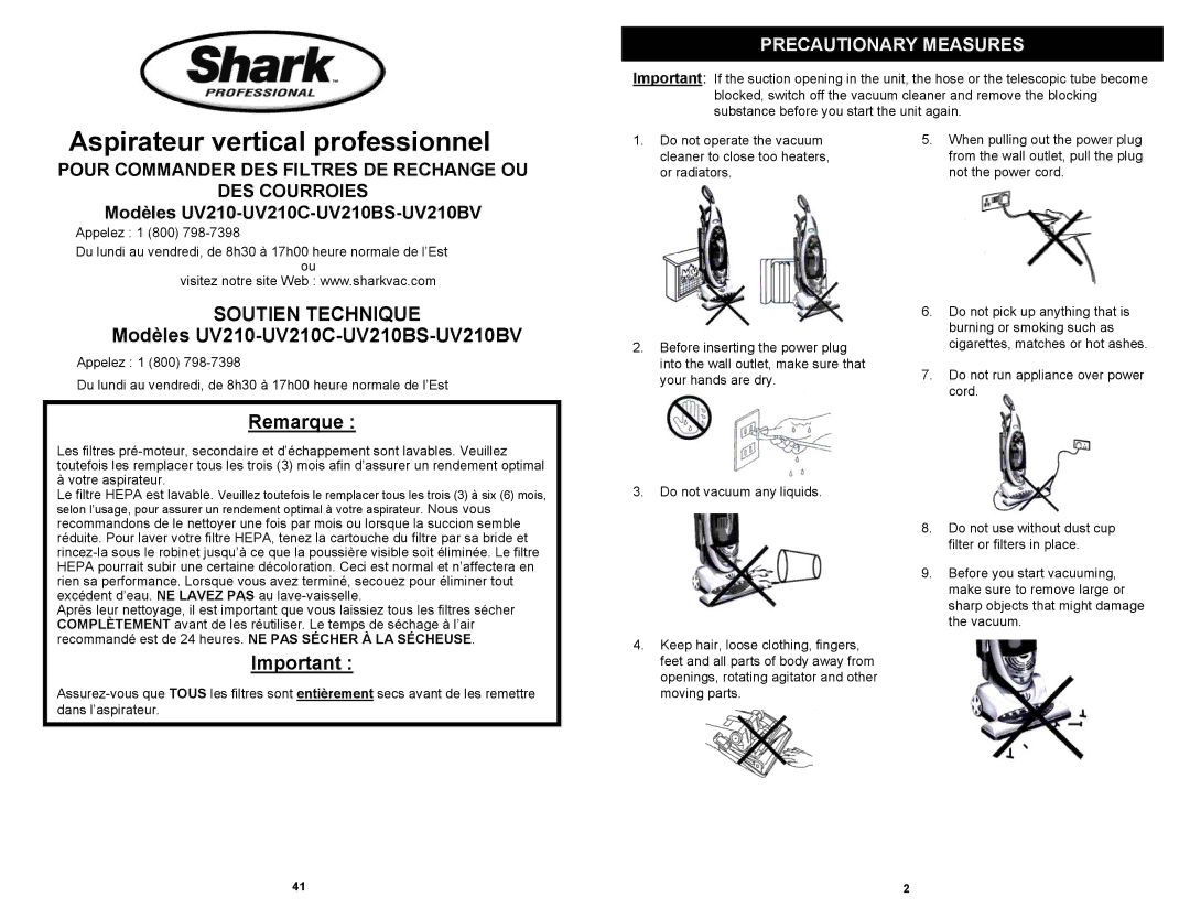 Euro-Pro UV210C, UV210BS, UV210BV owner manual Precautionary Measures, Or radiators Not the power cord 