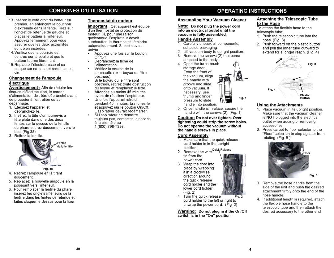 Euro-Pro UV210BS, UV210C, UV210BV owner manual Consignes D’UTILISATION Operating Instructions 