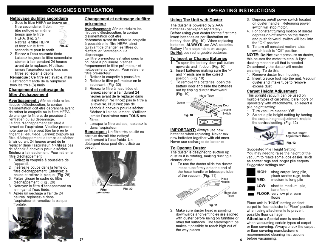 Euro-Pro UV210 Nettoyage du filtre secondaire, Changement et nettoyage du filtre d’échappement, Using The Unit with Duster 