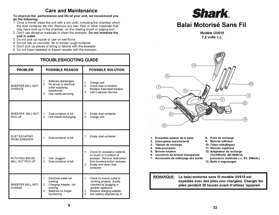 Euro-Pro owner manual Care and Maintenance, Modèle UV610 Volts c.c 