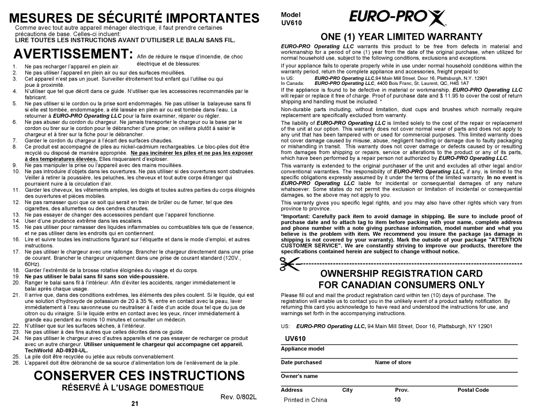 Euro-Pro owner manual ONE 1 Year Limited Warranty, Ownership Registration Card For Canadian Consumers only, Model UV610 