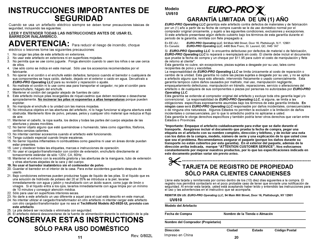 Euro-Pro owner manual Garantía Limitada DE UN 1 AÑO, Modelo UV610 