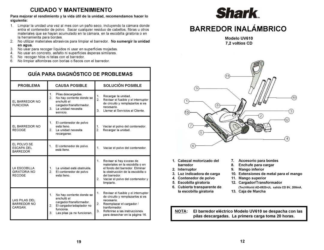 Euro-Pro owner manual Cuidado Y Mantenimiento, Modelo UV610 7,2 voltios CD 