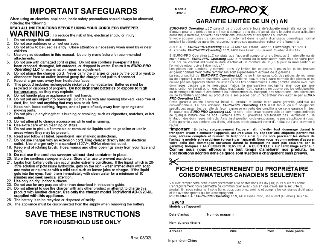 Euro-Pro UV610 owner manual For Household USE only, Garantie Limitée DE UN 1 AN, Rev /02L 