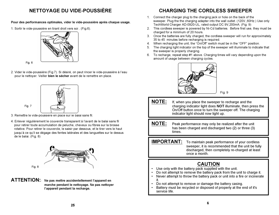Euro-Pro UV610 owner manual Nettoyage DU VIDE-POUSSIÈRE, Charging the Cordless Sweeper 