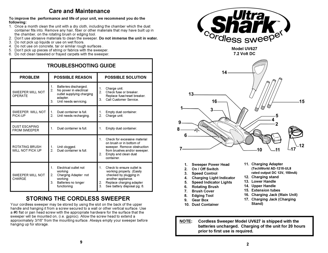 Euro-Pro UV627 owner manual Care and Maintenance, Storing the Cordless Sweeper 