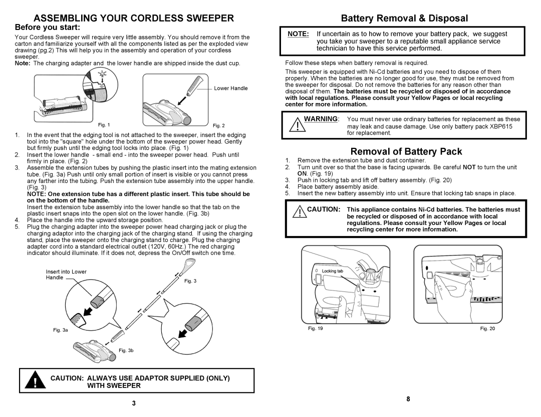 Euro-Pro UV627 Assembling Your Cordless Sweeper, Battery Removal & Disposal, Removal of Battery Pack, Before you start 