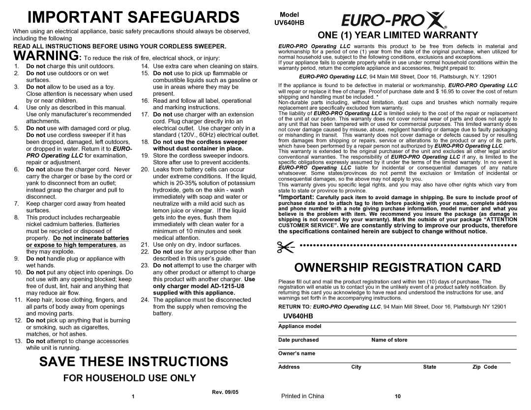 Euro-Pro UV640HB owner manual ONE 1 Year Limited Warranty, For Household USE only 